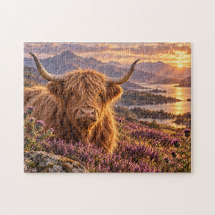 Puzzle Vache des Highlands, bruyère, coucher de soleil, a