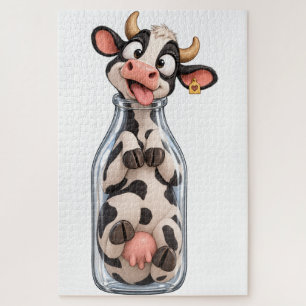 Puzzle Vache drôle coincée dans une bouteille de lait