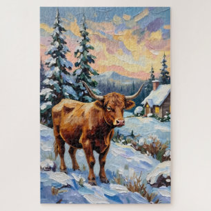 Puzzle Vache Highland vintage dans une prairie de Noël en