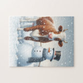 Puzzle Vache mignonne et bonhomme de neige dans le champ (Horizontal)