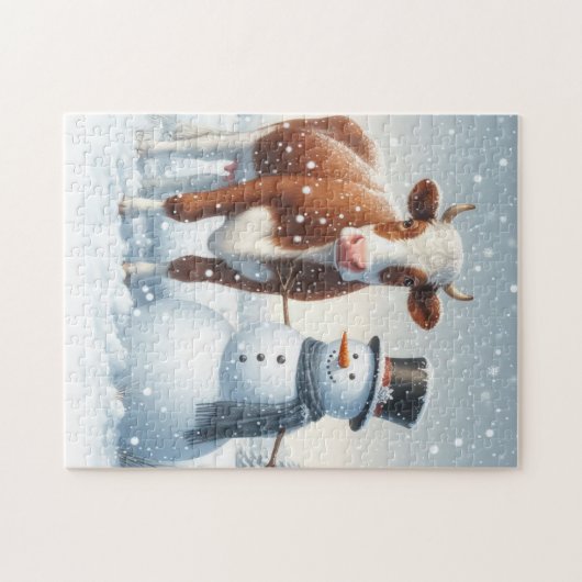 Puzzle Vache mignonne et bonhomme de neige dans le champ (Horizontal)
