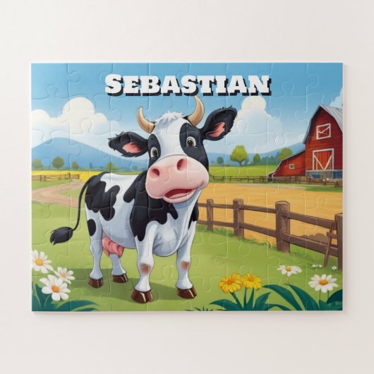 Puzzle Vache mignonne sur ferme pour enfants péronisés (Horizontal)