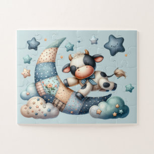 Puzzle Vache Patchwork Mignonne sur la Lune avec des Étoi