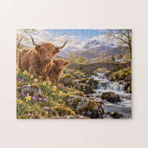 Puzzle Vaches des Highlands Campagne Printanière Pont Art