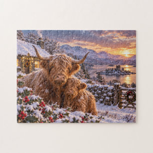 Puzzle Vaches des Highlands Cottage enneigé Art de la cam