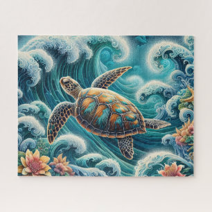 Puzzle Vague océan sarcelle avec tortue
