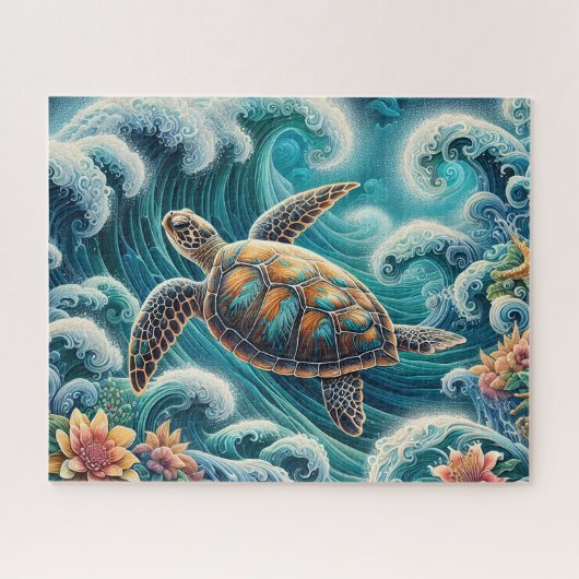 Puzzle Vague océan sarcelle avec tortue (Horizontal)