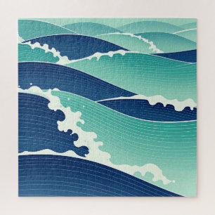Puzzle Vagues océaniques bleu sarcelle de style japonais