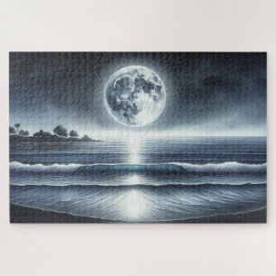 Puzzle Vagues océaniques éclairées par la lune et ciel no