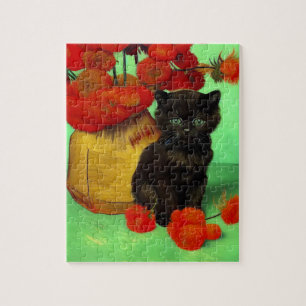 Puzzle Van Gogh Black Kitten Fleurs rouges