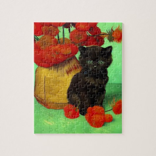Puzzle Van Gogh Black Kitten Fleurs rouges (Vertical)