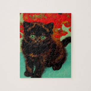 Puzzle Van Gogh Chat noir Fleurs rouges