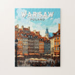 Puzzle Varsovie Pologne Travel Art Vintage<br><div class="desc">Conception de déplacement vectoriel rétro de Varsovie. C'est un mélange captivant de styles architecturaux,  de la charmante Vieille Ville au Palais de la Culture et de la Science.</div>