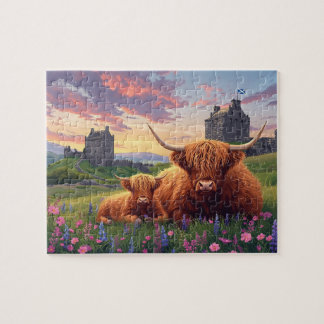 Puzzle Veau de vache Highland Castle Écossais Coucher de