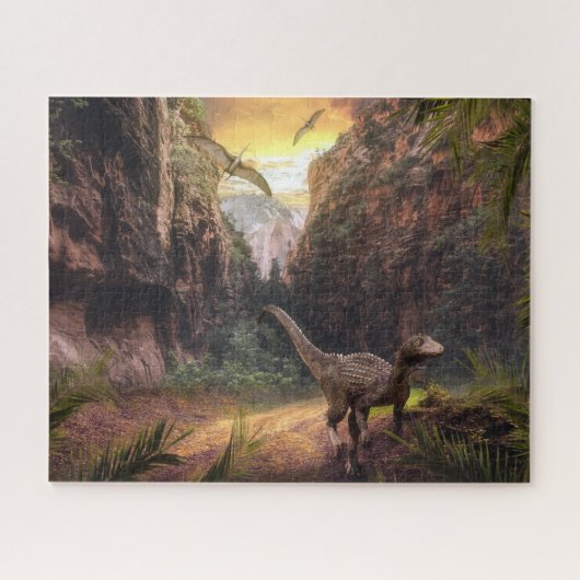 Puzzle Velociraptor & Ptérosaure dans le paysage préhisto (Horizontal)