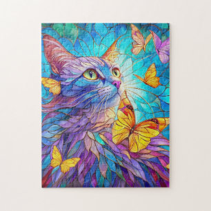 Puzzle Verre tendu Chat 730 papillons bleus jaunes