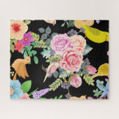 Puzzle Vibrant Colorful Birds and Flowers Art on Black (Horizontal)