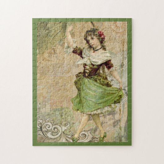 Puzzle Victorian Dancing Girl Green Rose rouge (Vertical)