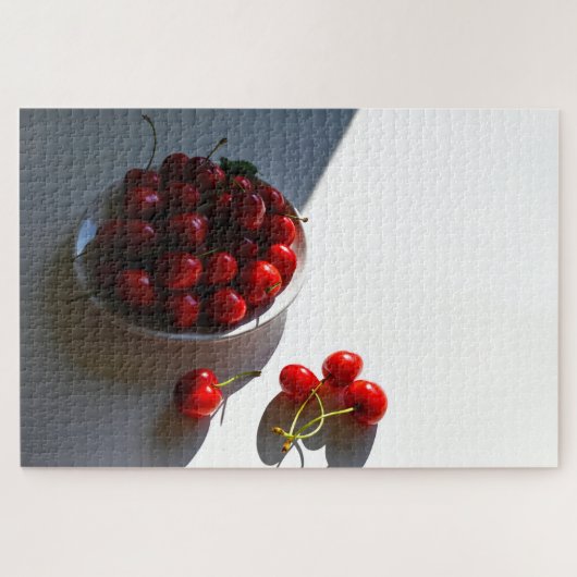 Puzzle Vie morte esthétique avec cerises mûres sur blanc (Horizontal)