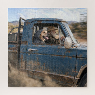 Puzzle Vieil homme et Labrador Retriever dans un camion b