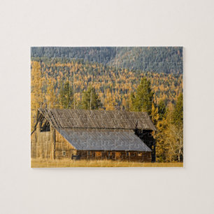 Puzzle Vieille grange en bois avec des tamaracks d'automn