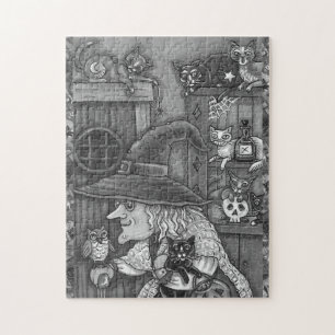 PUZZLE VIEILLE WITCH HAPPY HOME, CATS & OWL NOIR/WHT HALL