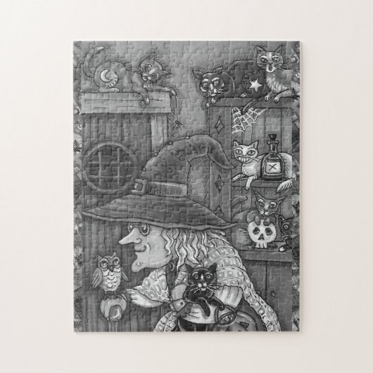 PUZZLE VIEILLE WITCH HAPPY HOME, CATS & OWL NOIR/WHT HALL (Vertical)