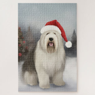 Puzzle Vieux chien de berger anglais à Noël sous la neige
