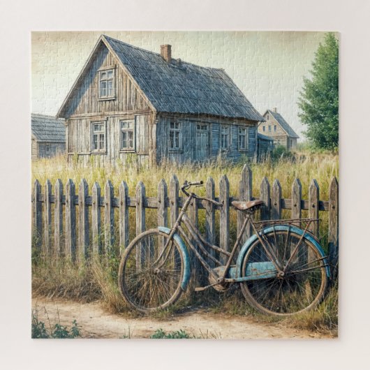 Puzzle Vieux vélo abandonné sur une clôture rustique (Vertical)