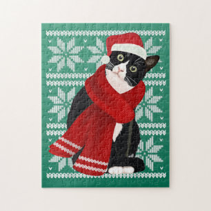 Puzzle Vilaine Noël Chat noir Santa Hat Scarf Fête