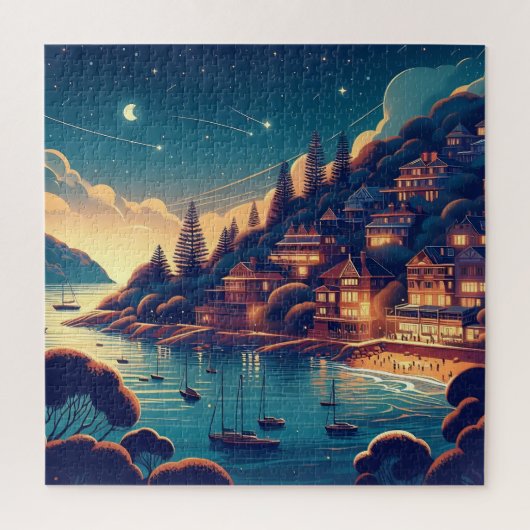 Puzzle Village côtier fantaisiste sous le ciel étoilé de (Vertical)