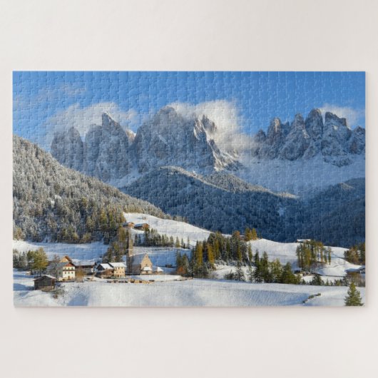 Puzzle Village de dolomites dans la neige en hiver (Horizontal)