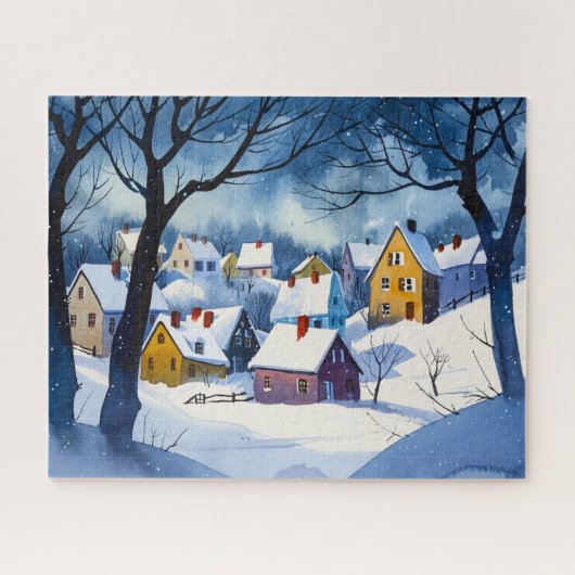 Puzzle Village de neige endormi - Aquarelle (Horizontal)