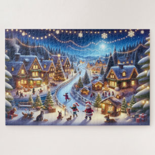 Puzzle Village de Noël hivernal festif de nuit