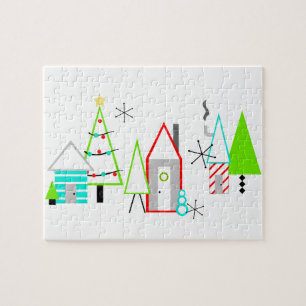 Puzzle village de Noël moderne du milieu du siècle
