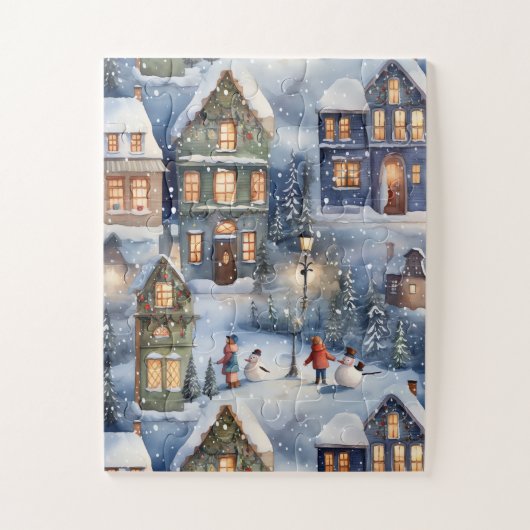 Puzzle Village des neiges d'hiver de nuit (Vertical)