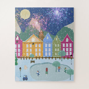 Puzzle village d'hiver de Noël patineurs de patinage sur