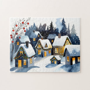 Puzzle Village d'hiver enneigé cosy aquarelle Noël