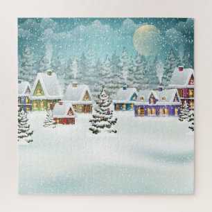 Puzzle Village d'hiver : paysage enneigé