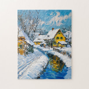 Puzzle Village enneigé avec ruisseau et arbres Peinture d