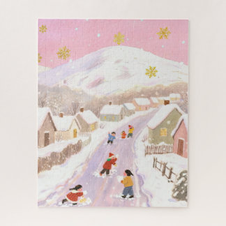 Puzzle Village enneigé d'hiver, enfants jouant, teintes r