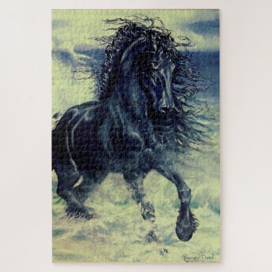 Puzzle Vin d'étalon noir friésien dans les vagues de l'oc (Vertical)