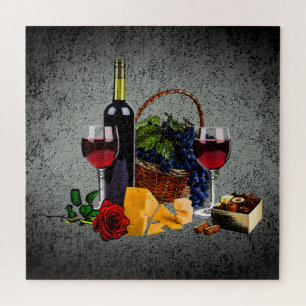 Puzzle Vin romantique, bouteille, fromage, raisin, gris