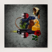 Puzzle Vin romantique, bouteille, fromage, raisin, gris (Vertical)