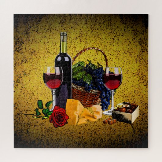 Puzzle Vin romantique, bouteille, fromage, raisin, or (Horizontal)