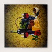 Puzzle Vin romantique, bouteille, fromage, raisin, or (Vertical)