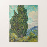 Puzzle Vincent Van Gogh Cypress<br><div class="desc">Belle oeuvre vintage célèbre impressionniste peintre Vincent Van Gogh. Cet art impressionniste présente des cyprès dans un champ devant des nuages tourbillonnants et une lune dans le ciel. Les teals,  les jaunes et les verts font un joli puzzle.</div>
