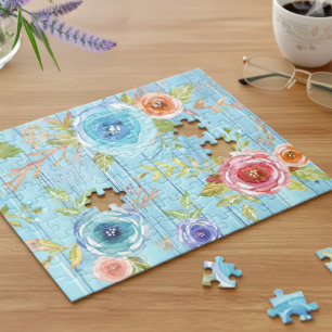 Puzzle Vintage aquarelle fleurie rustique pays bois bleu