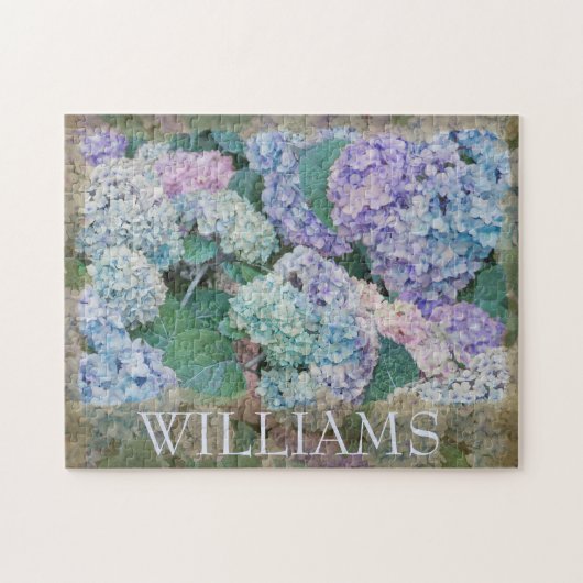 Puzzle Vintage Blue Hydrangea Floral Nom de famille (Horizontal)