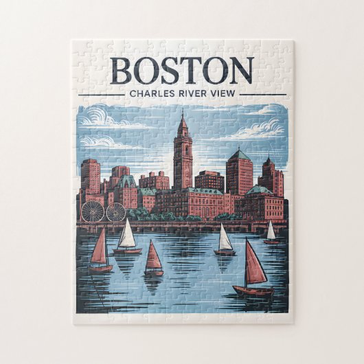 Puzzle Vintage Boston Massachusetts Cityscape & Voiliers (Vertical)
